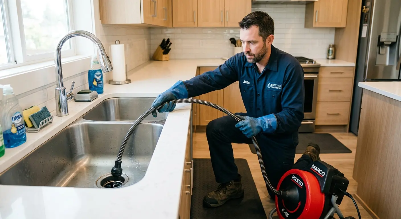 Drain cleaning technician using a motorized snake on a kitchen sink in Bridgeton