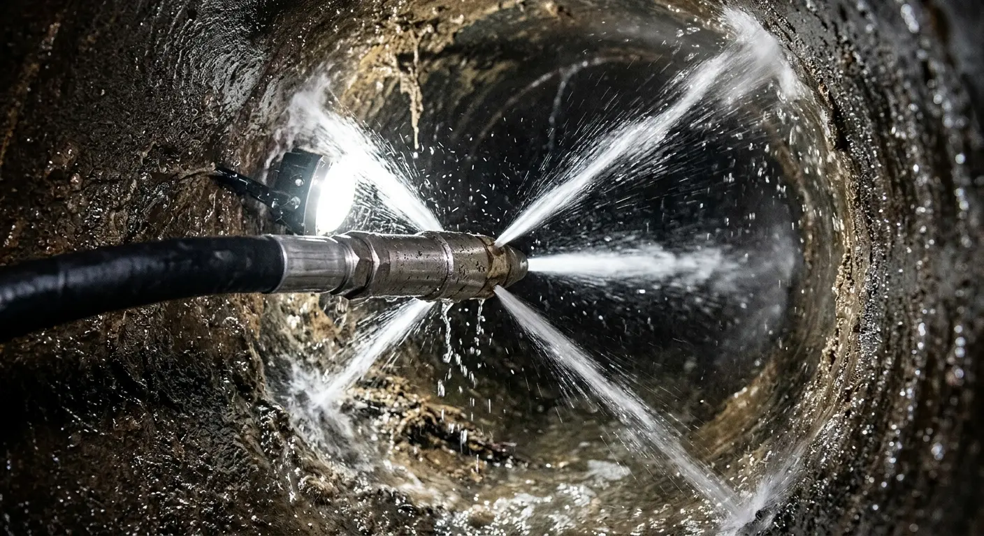 High-pressure hydro jetting nozzle cleaning sewer pipe for Emergency Drain Service in Bridgeton
