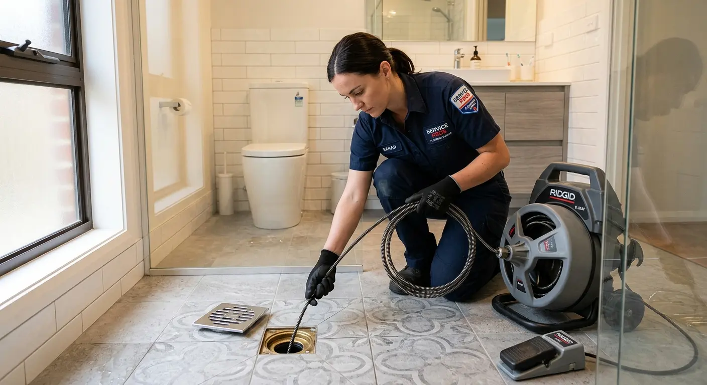 Technician clearing a bathroom floor drain for Drain Cleaning in Bridgeton